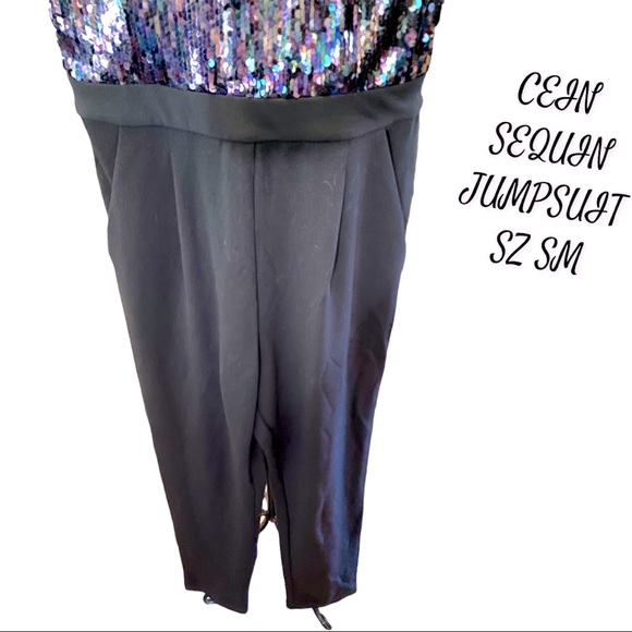 SEQUIN TOP JUMPSUIT SZ SM SILKY WITH SPAGHETTI STRAPS ZIP UP BACK Good Stretch - Picture 6 of 12